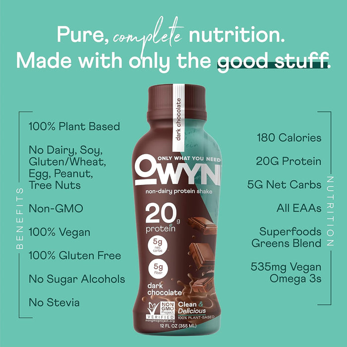 OWYN Only What You Need Dark Chocolate Flavored Protein Shake, 20g Protein, 4g Sugar, 3g Fiber, Dairy Free, Plant Based Protein Drink 12 Count