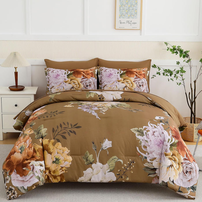 Luxudecor Floral Queen Comforter Set 7 Pieces Bed in a Bag, White Flower Print on Navy Blue Bedding Set, Soft Reversible Comforter with Sheet Set 90"x90"