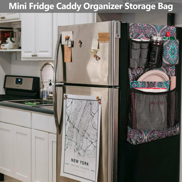 Mini Fridge Organizer, Dust Cover with 14 Pockets for Most Household Refrigerators, Hanging Mini Fridge Caddy Organizer Storage Bag for Dorm, Office, Kitchen, Home, School, Flowers