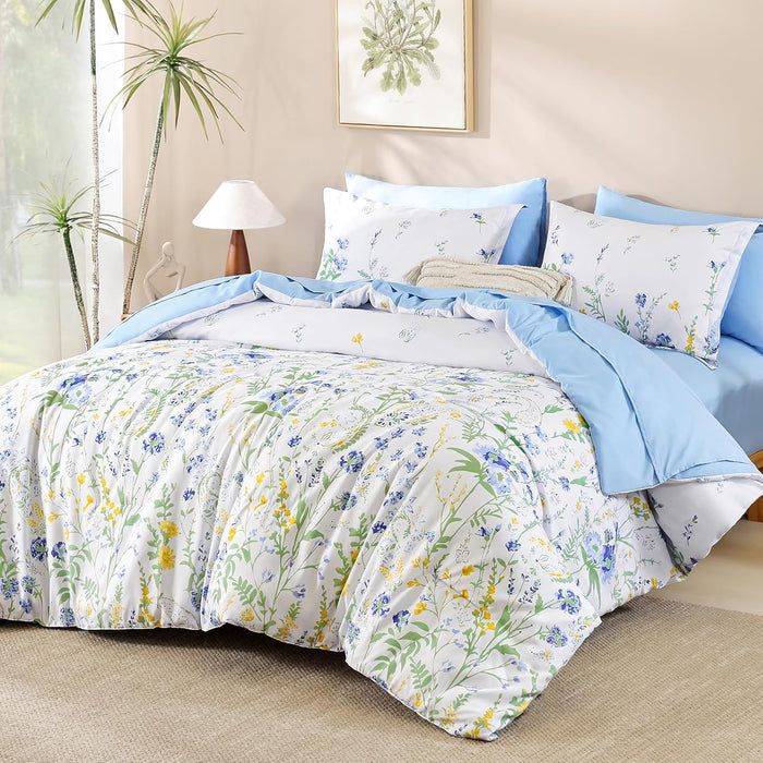Yiran 7 Piece Pink Green Floral Comforter Set Queen Size, Cute Watercolour Botanical Comforter Bedding Set, Bed in a Bag Queen, Soft Microfiber Complete Bedding Set with Sheets for All Season