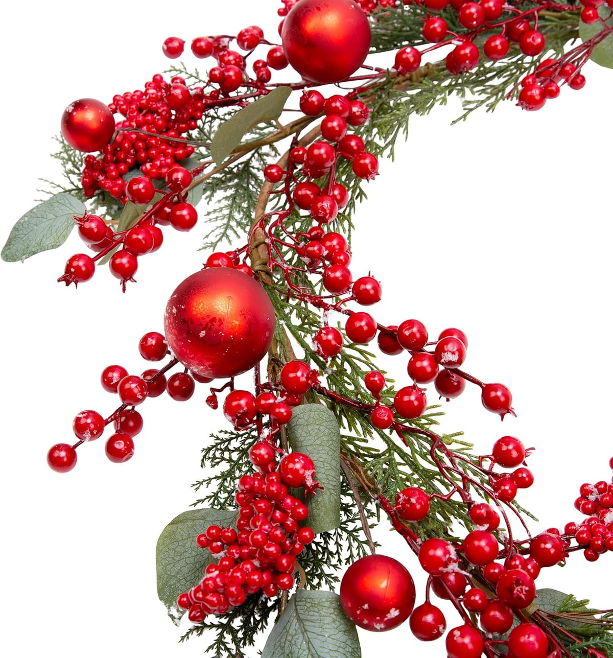 5 Feet Christmas Garland with Red Berry Christmas Balls Decorations with Pine Eucalyptus Leaves for Table Window Wall and Christmas Trees