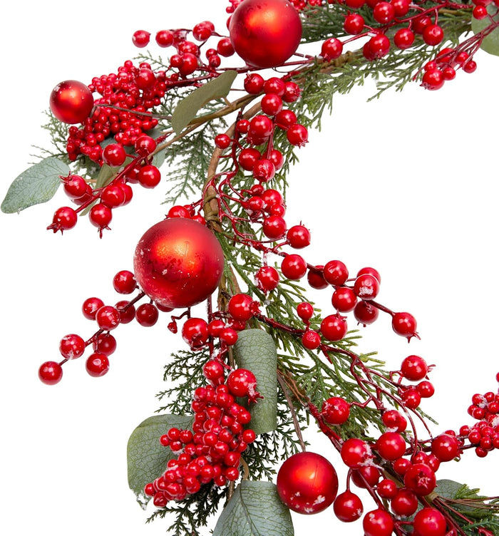 5 Feet Christmas Garland with Red Berry Christmas Balls Decorations with Pine Eucalyptus Leaves for Table Window Wall and Christmas Trees