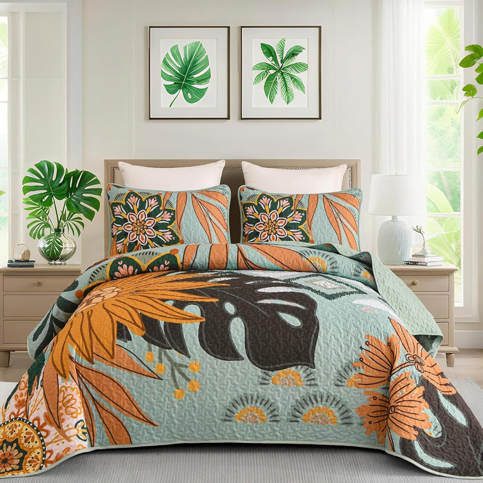 DJY Floral Quilt Set Queen Size Black Boho Bedspread Coverlet Set 3 Pieces, Botanical Quilt Lightweight Microfiber Farmhouse Floral Bohemian Bedding Set with 2 Pillow Shams for All Season (96''x90'')