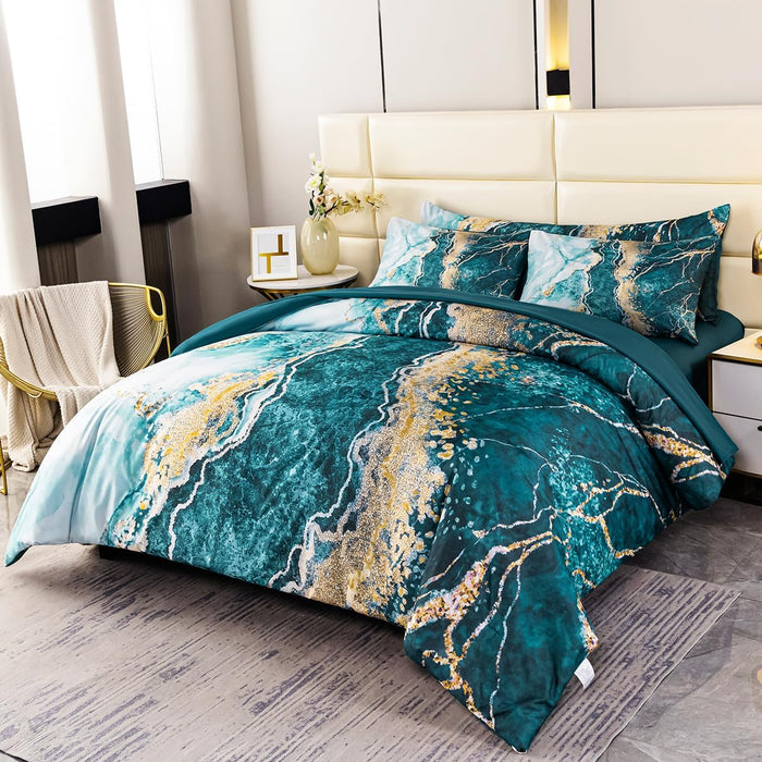 PERFEMET 6 PCS Bed in a Bag Black Watercolor Marble Printed Comforter Set for Queen Bed Burning Mountain Pattern Bedding Set with Sheets Retro Artwork Design Quilt Sets(Black, Queen)
