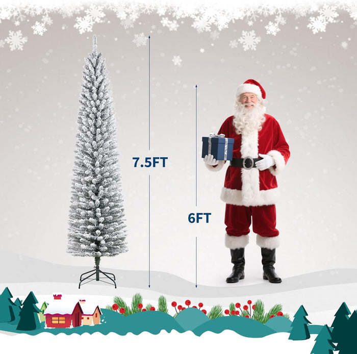 7.5ft Prelit Flocked Pencil Christmas Tree with Lights, Slim Artificial Xmas Tree with Snowy Branch Tips & Sturdy Metal Stand for Indoor Holiday or Party Decor