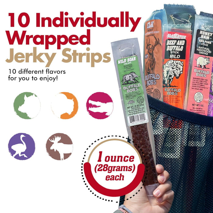 Jerky-n-Spice Exotic Jerky Variety Pack (10 Count) | Beef Jerky Gifts for Men | Assorted High Protein Meat Snacks | Premium Gourmet Wild Game Sampler | Ideal for Birthday, Road Trip & Camping