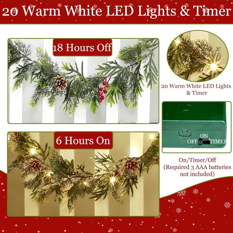 6FT Flocked Cedar Garland with Lights Timer, Pre-lit Christmas Garland Pinecones & Red Berries Warm White Lights, Lighted Cypress Garlands Battery Operated Christmas Decor Mantel Table Indoor Outdoor