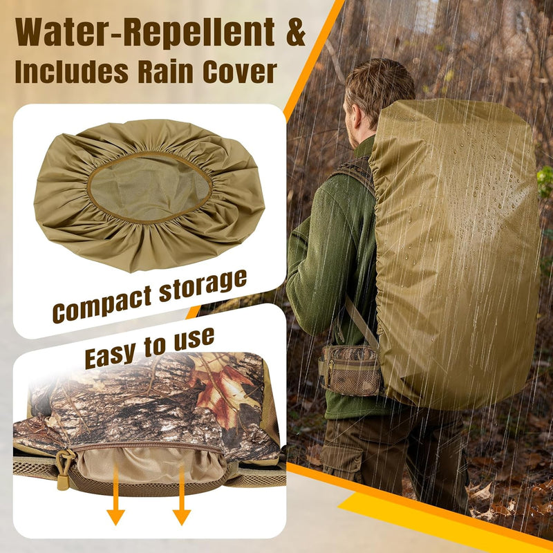 Hunting Backpack 40L for Men, Tactical Camo Bow Rifle Backpack with Removable Waist Belt, PALS/MOLLE System, Waterproof Rain Cover, Flag & Whistle for Saddle Hunting