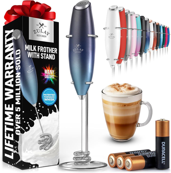 Zulay Kitchen Powerful Milk Frother Wand With 2 Duracell Batteries - Ultra Fast Handheld Drink Mixer - Electric Whisk Foam Maker for Coffee, Lattes, Cappuccino, Matcha, Hot Chocolate & Creamer - Black