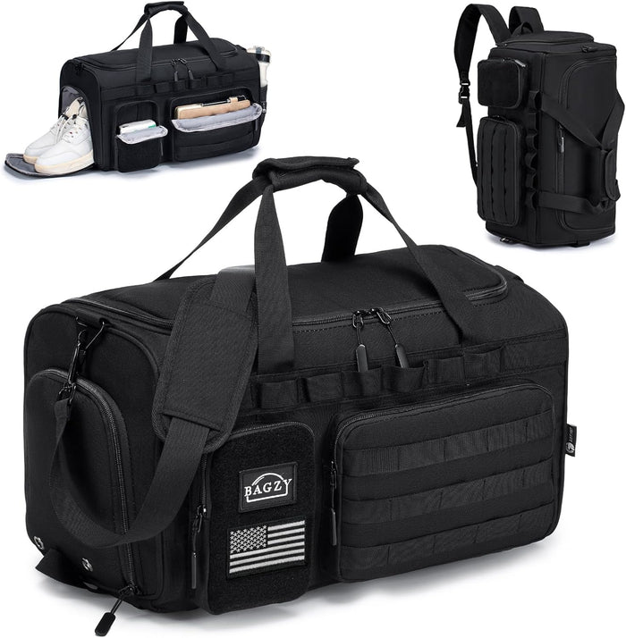 3 In 1 Tactical Military Travel Duffle Bag 40L with Shoe Compartment Gym Bag Backpack for Fitness Weekender Deployment Workout Black