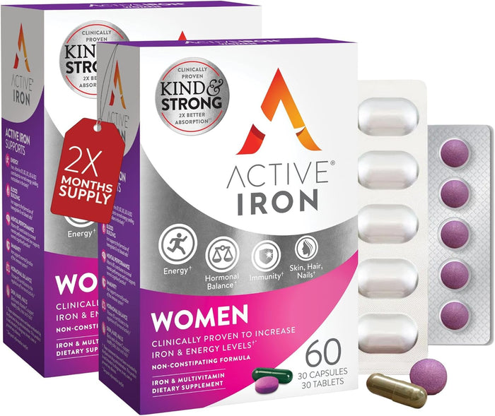 Active Iron Supplement 25mg + Multivitamin for Women – Clinically Proven to Increase Energy & Reduce Tiredness – Gentle, Non-Constipating Iron + Women’s Multivitamin – 30 Capsules + 30 Tablets