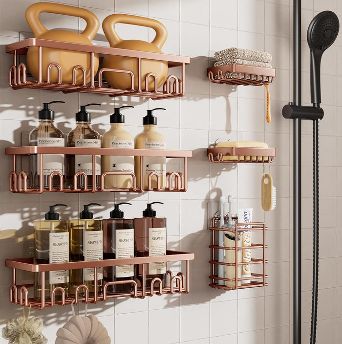 Veken Rustproof Shower Caddy 6-Pack, No Drilling & Waterproof Adhesive Shower Shelves Rack with Soap Holder, Large Capacity Bathroom Organizers and Storage, Wall-Mounted Kitchen & Home Decor
