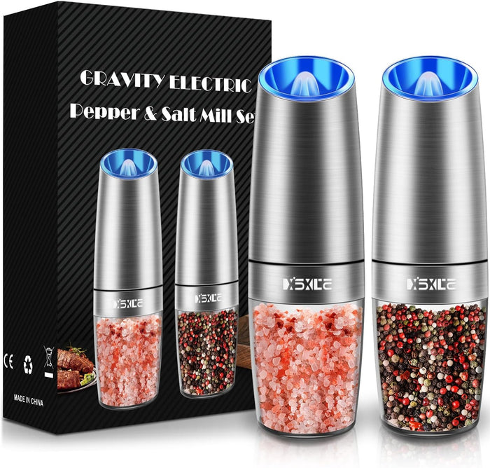 XinXu Gravity Electric Pepper and Salt Grinder Set, Adjustable Coarseness, Battery Powered with LED Light, One Hand Automatic Operation, Stainless Steel -Copper, 2 Pack