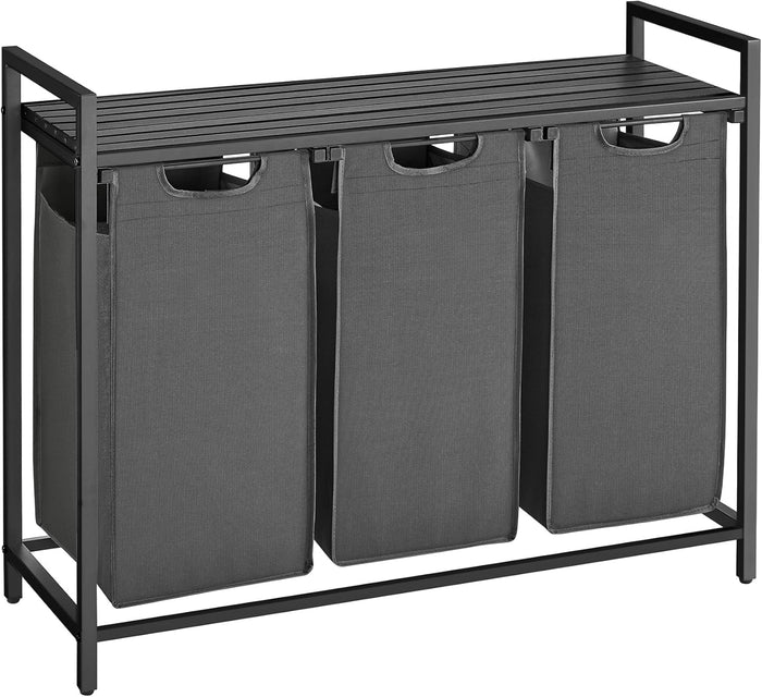 VASAGLE Laundry Hamper, Laundry Basket, Laundry Sorter with 3 Pull-Out and Removable Bags, Shelf, Metal Frame, 3 x 10.6 Gallons (40 L), 36.4 x 13 x 28.4 Inches, Ink Black and Rustic Brown UBLH301B01