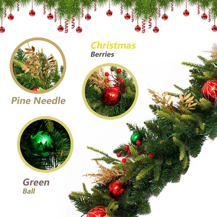Pre-lit 9ft Christmas Garland with Lights, Garlands for Decoration Christmas with 243 Branches and 50 LED Warm Lights,for Mantle,Outdoor,Stairs Railing,Wall,Table,Indoor（Battery Operated）