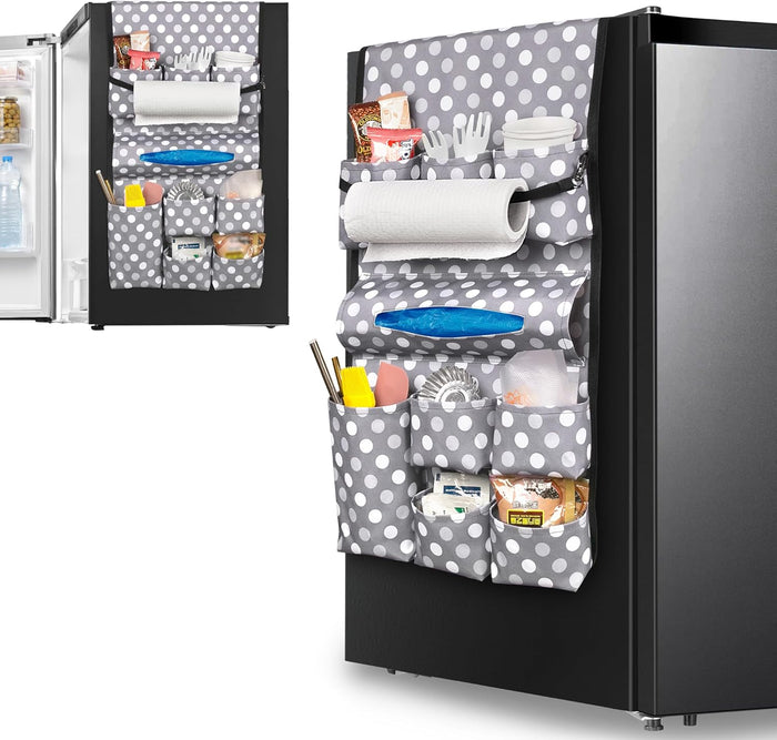Mini Fridge Organizer, Dust Cover with 14 Pockets for Most Household Refrigerators, Hanging Mini Fridge Caddy Organizer Storage Bag for Dorm, Office, Kitchen, Home, School, Flowers