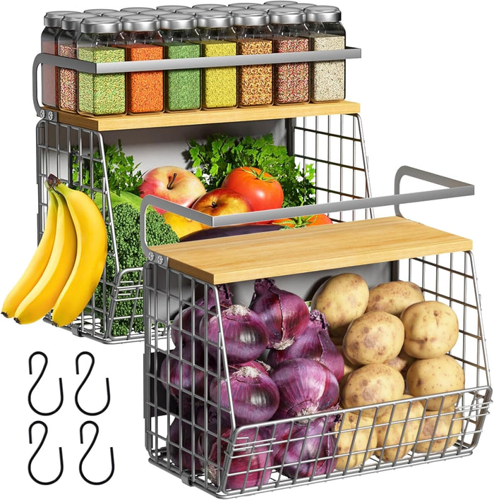 2 Set Magnetic Shelf for Refrigerator with Wood Lid, Fruit Potato & Onion Storage Bins, Pantry Organizers & Storage, Large Container Magnetic Spice Rack for Refrigerator, Kitchen Counter, Cabinet