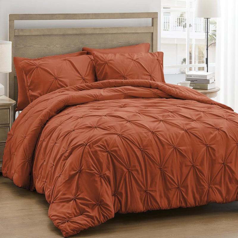 UNIKOME Queen Comforter Set White - Ultra Soft Boho Pintuck Down Alternative Bedding Set for Winter, All Seasons, 3 Pieces Warm Pinch Pleat Solid Bed Set with Comforter, 2 Pillowcases