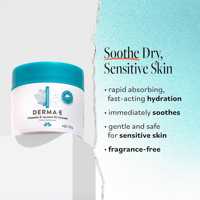 Derma E Vitamin E 12,000 IU Cream – Moisturizer for Face and Body – Multi-purpose Face Cream, Hand Cream and Body Lotion Soothes and Protects, 4 oz