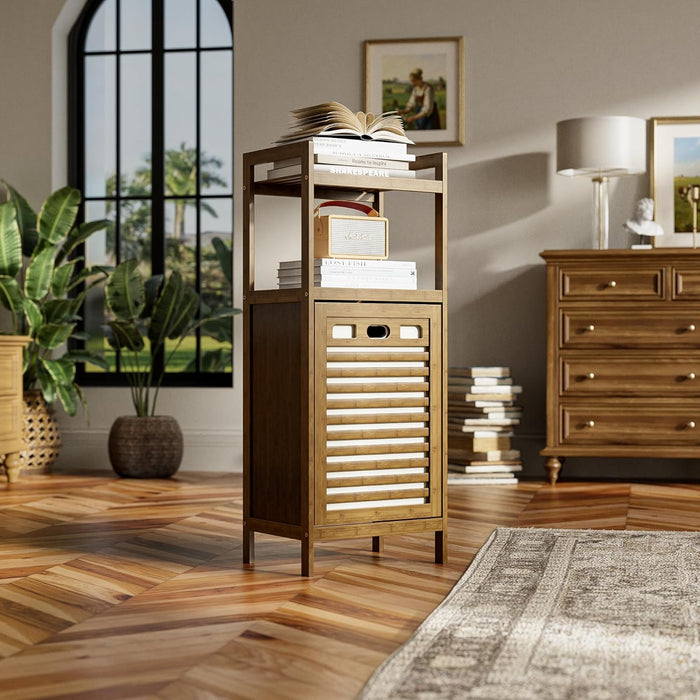 HITNET Bamboo Tilt Out Laundry Hamper, Bathroom Storage Cabinet with Hidden Removable Basket and 2 Open Shelves, Space Saving Bamboo Storage for Clothes, Towels and Toys, Walnut