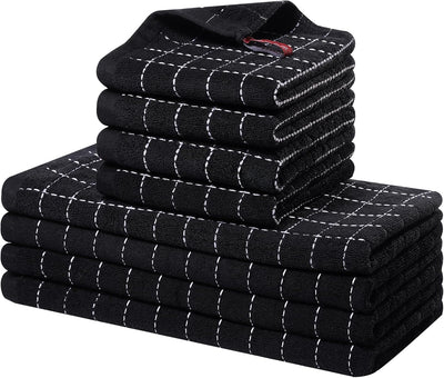 Homaxy Kitchen Towels and Dishcloths Set, 12 x 12 and 13 x 28 Inches, Set of 8 Bulk Cotton Terry Kitchen Towels Set, Checkered Designed, Soft and Super Absorbent Dish Cloths, Black