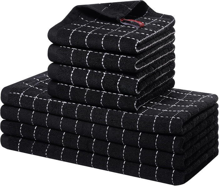 Homaxy Kitchen Towels and Dishcloths Set, 12 x 12 and 13 x 28 Inches, Set of 8 Bulk Cotton Terry Kitchen Towels Set, Checkered Designed, Soft and Super Absorbent Dish Cloths, Black