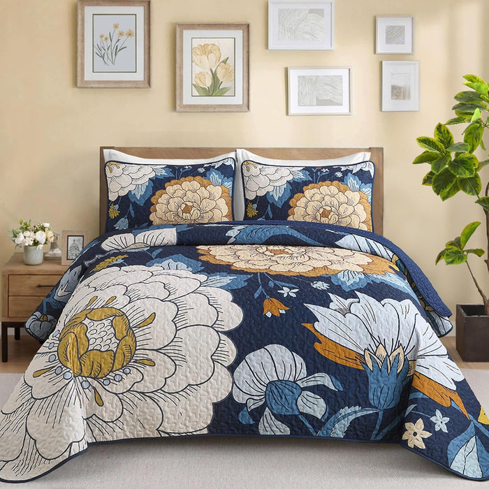 DJY Floral Quilt Set Queen Size Black Boho Bedspread Coverlet Set 3 Pieces, Botanical Quilt Lightweight Microfiber Farmhouse Floral Bohemian Bedding Set with 2 Pillow Shams for All Season (96''x90'')