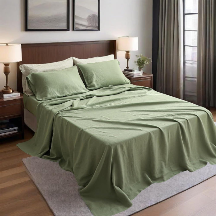100% Natural Linen Sheets Set 4 Piece - Washed Linen Bedding Set with 16" Deep Pocket Fitted Sheet, Flat Sheet & 2 Pillowcases, Breathable Durable for All Seasons (White, Queen)