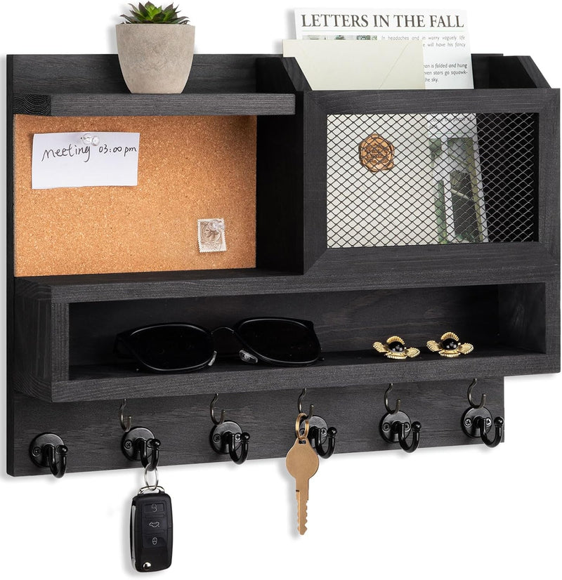 Key Holder for Wall with Mail Organizer,Farmhouse Mail and Key Holder for Wall,Key Hanger with ‌Metal 11 Hooks,Corkboard,and Shelf,Decorative Natural Pine Wood Entryway Organizer,14.6*11.1*3.3”,Brown