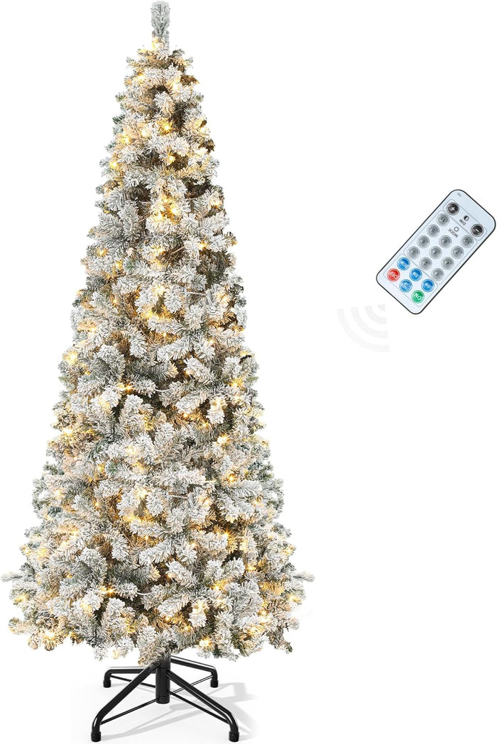 YITAHOME 7.5FT Prelit Slim Fraser Grande Christmas Tree with Remote Control, Artificial Hinged Drooping Pencil Prelit Holiday Christmas Tree w/ 2199 Mixed PE & PVC Tips, 400 Lights & 11 Light Modes