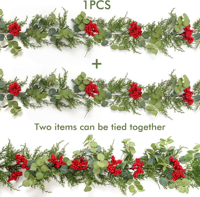 TOCHGREEN 2 Pack Artificial Christmas Garland Pine Cypress Greenery Hanging Garland with Red Berries Winter Pine Garland for Holiday Home Mantle Table Outdoor Indoor Christmas Decorations