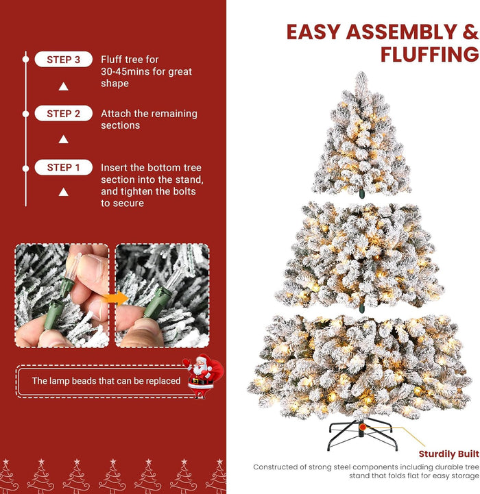 SHareconn 7.5ft Prelit Snow Flocked Spruce Artificial Christmas Tree with 350 Incandescent Warm White Lights, Foldable Stand, Snow Flocked Full Prelighted Xmas Tree W/1170 Branch Tips, 7.5 FT, White