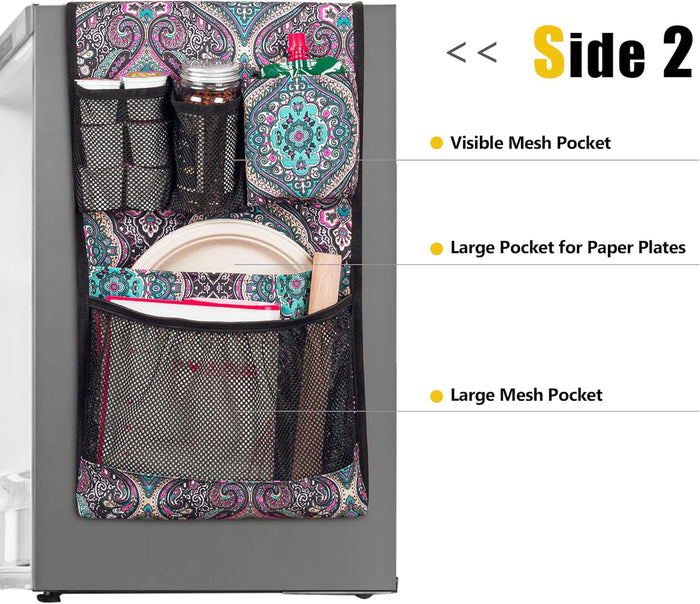 Mini Fridge Organizer, Dust Cover with 14 Pockets for Most Household Refrigerators, Hanging Mini Fridge Caddy Organizer Storage Bag for Dorm, Office, Kitchen, Home, School, Flowers