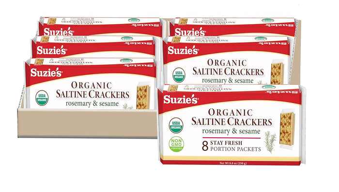 Suzie's Organic Rosemary Sesame Saltines Crackers|Healthy Gourmet Baked Vegan Snack for Adults & Children|Non GMO|12 Fresh Packs (96 individual Stay Fresh Packs) - 8.8oz Each