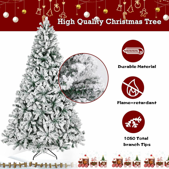 Bonnlo 7.5 ft Unlit Snow Flocked Hinged Artificial Christmas Pine Tree Full 1450 Tips Branch w/Sturdy Metal Stand for Holiday Xmas Indoor and Outdoor Decoration