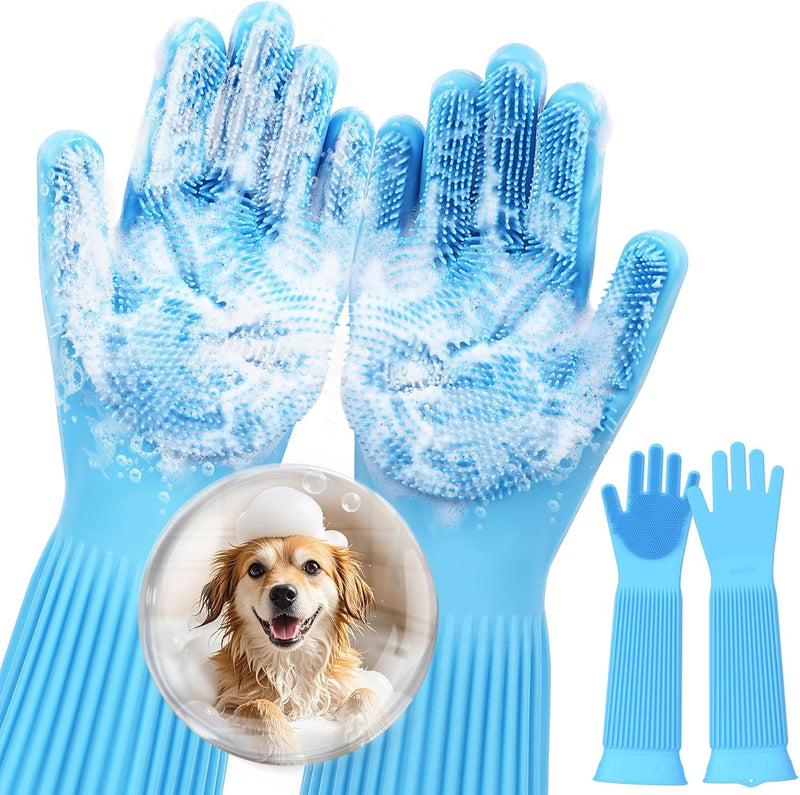 Pecute Pet Grooming Gloves - Heat Resistant Silicone Gloves with High-Density Teeth, Enhanced Five Finger Design for Bathing and Massaging Dogs and Cats, Blue