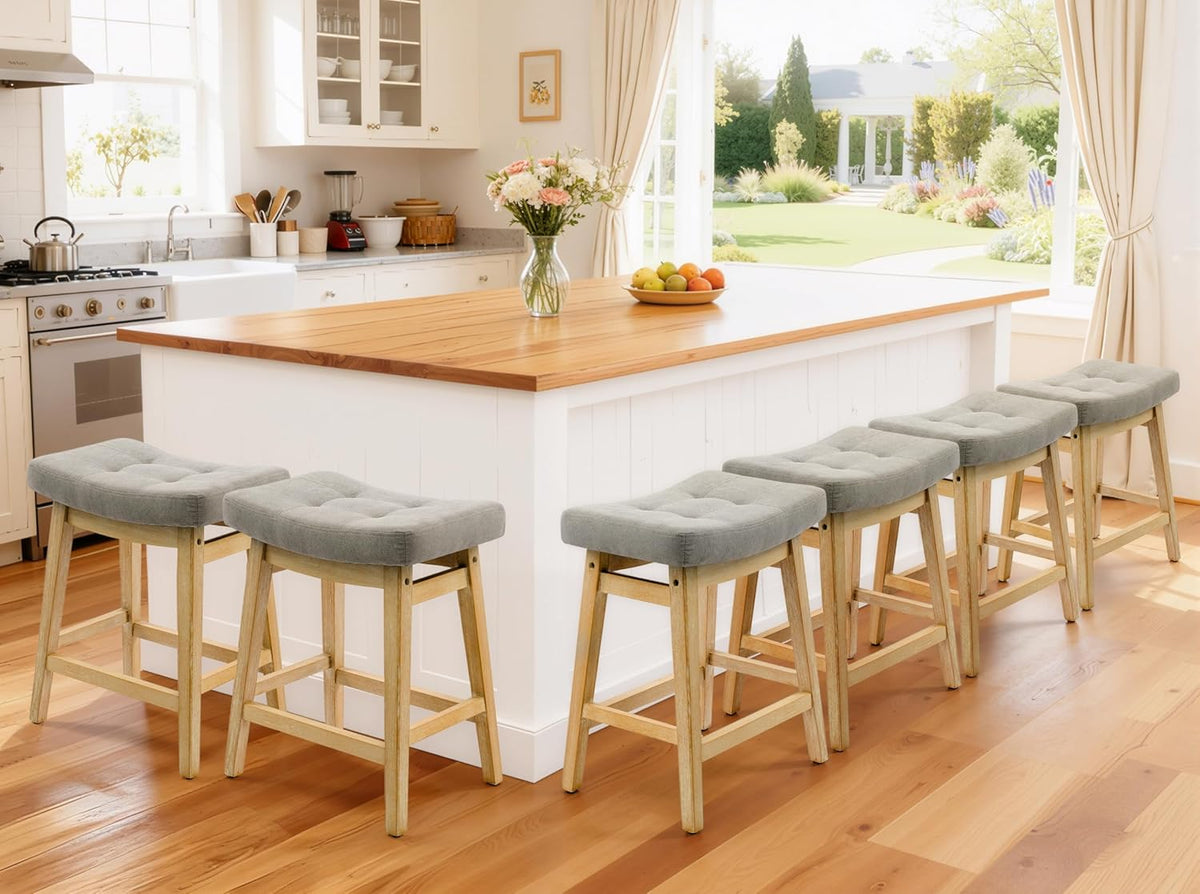 Counter Height Bar Stools Set of 3 for Kitchen Counter Farmhouse Modern Barstools with Faux Leather Upholstered Backless Seat and Solid Wood Legs 24 inch Bar Chairs, Grey + White