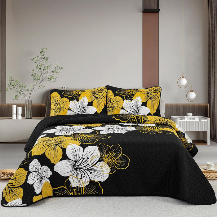 DJY 3 Pieces Quilt Set King Blue Floral Pattern Quilt Coverlet Elegant Bohemian Bedspread with 2 Pillow Shams Soft Lightweight Bedding Quilt Set for Adults (Blue, 104"x90")