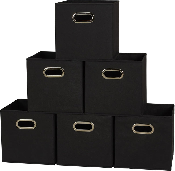 Household Essentials Foldable Fabric Storage Cubes 6-Pack – 11x11x11 Stackable Non-Woven Bins with Chipboard Sides & Grommet Handles – Closet, Shelf, Nursery, or Office Organizer – Black