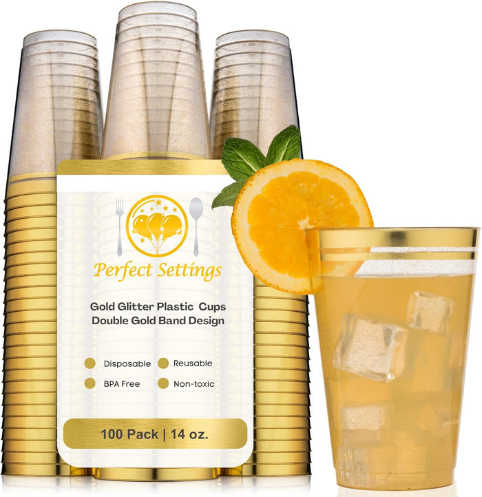 Perfect Settings Gold Rimmed Disposable Plastic Cups, Clear Hard Plastic Drinking Glasses for Cold Beverages & Cocktails, BPA-FREE, Disposable Wedding Cups, 16 oz. (Pack of 100)