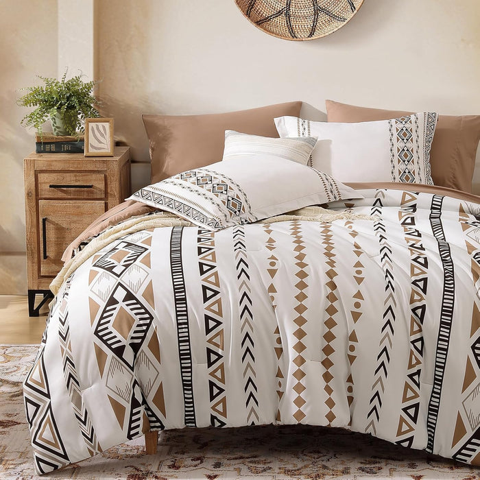 CASAAGUSTO King Size Comforter Set, 7 PCS Boho Comforter King Size, Bohemian Striped Bed in A Bag King, Soft Bedding Set for All Seasons(Brown,102"X90")
