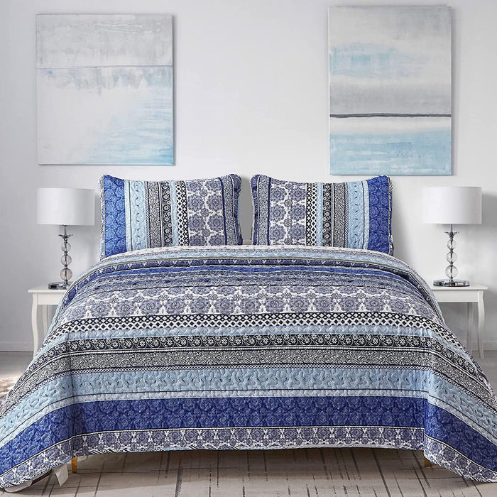 WONGS BEDDING Boho Quilt Set King Size, Navy Blue Bohemian 3 Pieces Quilt Sets, Lightweight Microfiber Bedspread Coverlet Bedding Set for All Season (104"x90")