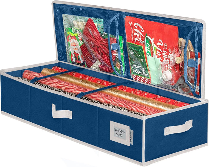 HOLDN’ STORAGE Premium Wrapping Paper Storage Container - Durable 600D Tear-Proof, Fits 27 Rolls Gift Wrap, Extra Pockets for Ribbons & Bows, Underbed Storage - Ideal for Holiday Christmas, Gray
