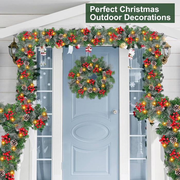 6 Ft by 10 Inch Pre-lit Artificial Christmas Garland with 30 Warm Lights Timer Battery Operated 150 Snowy Bristle Pine Branches 56 Red Berries 8 Pinecones Xmas Decor for Home Indoor Mantle Fireplace