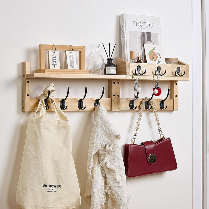 28.9" Wall Hanger Coat Rack Key Holder Wall Mount with Shelf,11Shelf with Coat Hooks Wall Mount, Coat Hangers for Bathroom, Living Room, Bedroom (Wood Color)