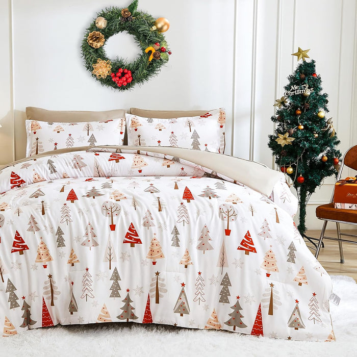 Christmas Queen Comforter Set 7 Pieces, Red Christmas Deer Pattern Bed in a Bag, Soft Reversible Bedding Set Xmas Holiday Decor 90"x90"