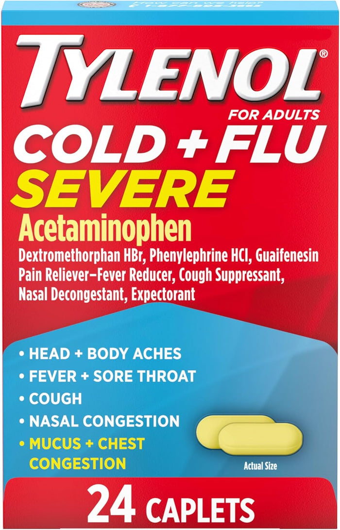 Tylenol Cold + Flu Severe Day & Night Caplets for Fever, Pain, Cough & Congestion Relief, 24 Count
