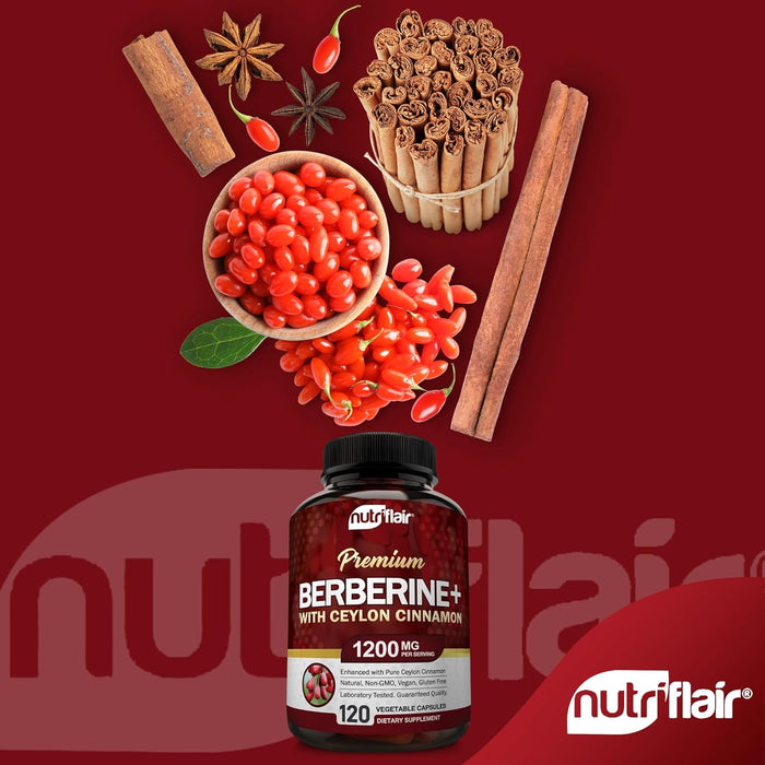 NutriFlair Premium Berberine HCL 1200mg, 120 Capsules - Plus Pure True Ceylon Cinnamon, Berberine HCI Root Supplements Pills - Immune System - yields an Optimal 8% HCl