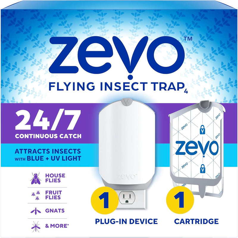 Zevo Flying Insect Trap & 3 Refill Cartridges - Plug in Fly Trap & Indoor Bug Catcher for Gnats, House & Fruit Flies - Blue & UV Light Technology, Mess-Free Alternative to Bug Zapper