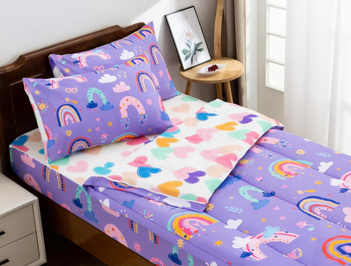 Meeting Story 3pcs Kids Comforter Sets Zipper Bedding Set for Girls,Twin Kid Bedding Set Rainbow Comforter Flower Bedding for Kid,All in one Zipper Bedding（Beige,Twin）